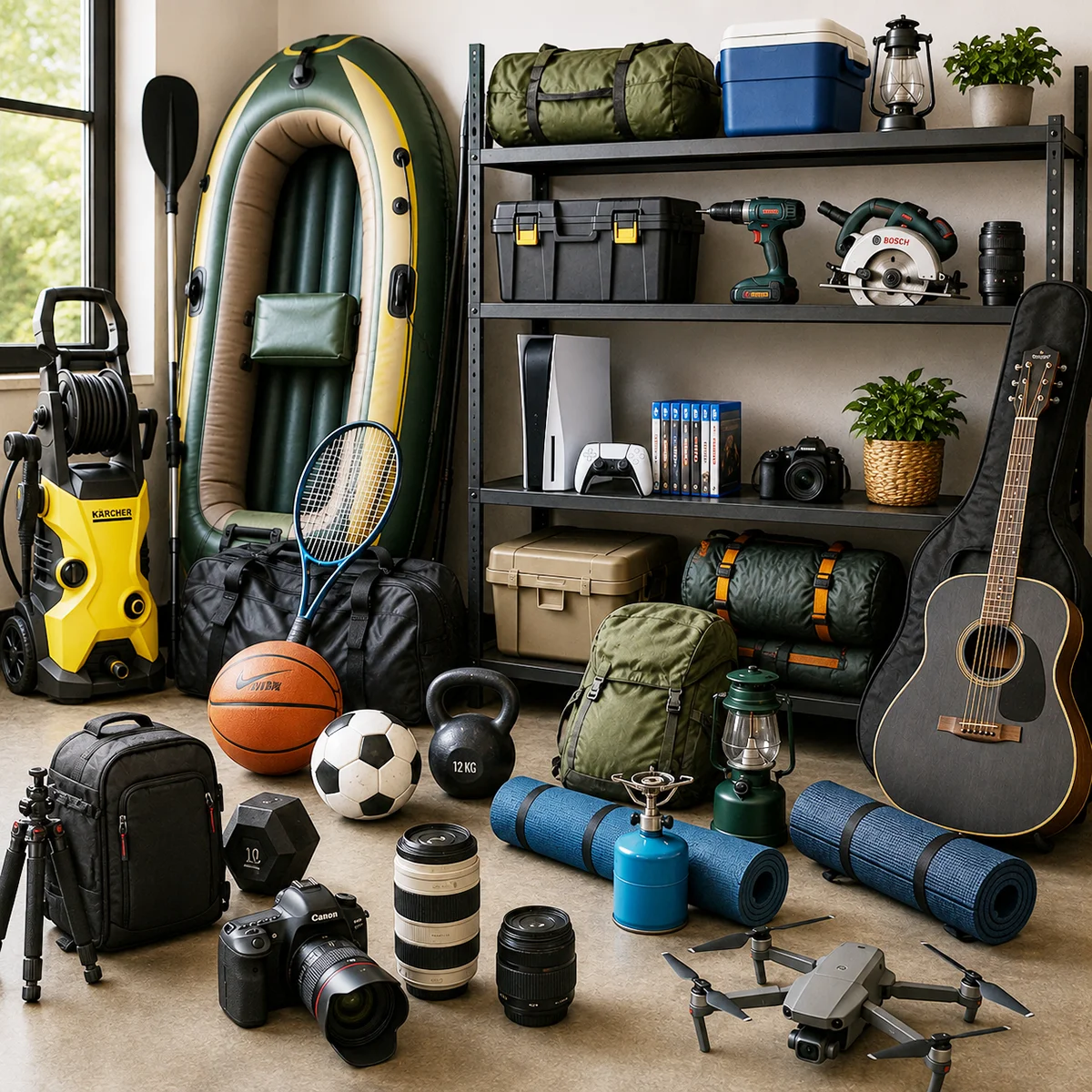 Objetos cotidianos que los vecinos pueden compartir: taladro, carpa, proyector, escalera y herramientas